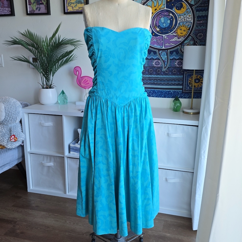 Vintage 80s Patty O'Neil Teal Floral Print Strapless Dress by Nancy Van Raalte 6